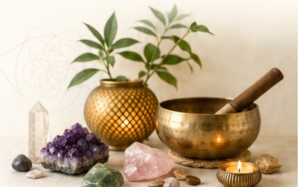 Singing bowl, crystals and wellness objects